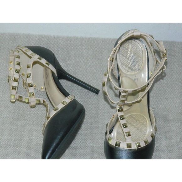 RUE 21 ETC Pointed Stiletto‎ STRAPPY Heels Black Tan Studded Size 8/9 - Picture 4 of 7